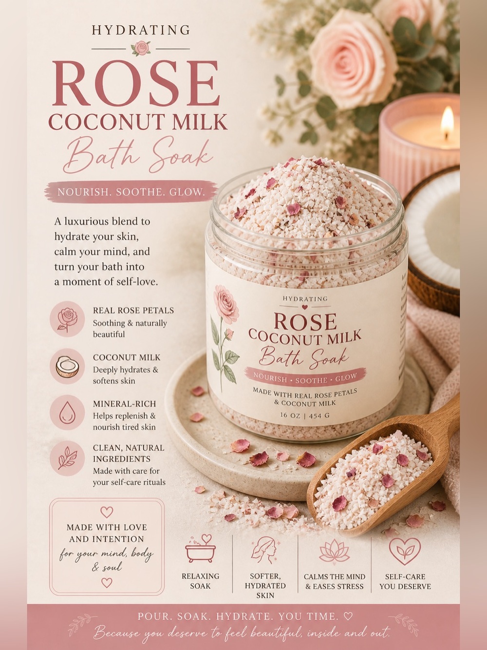 Handcrafted Rose Coconut Milk Bath Soothing and hydrating